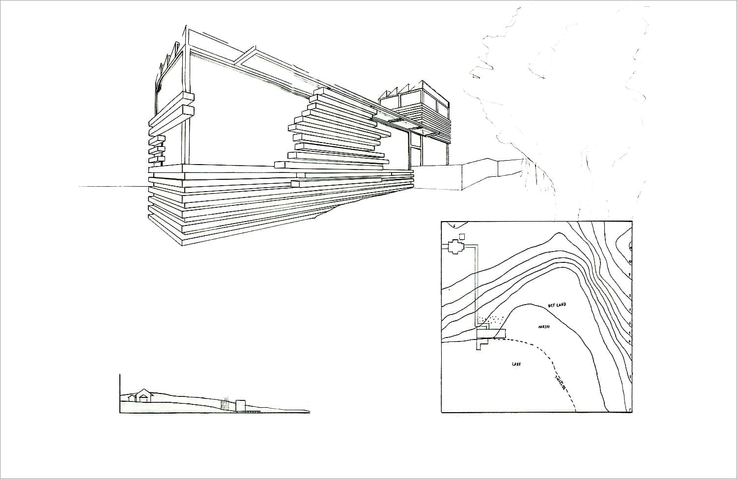 Two point perspective, site plan and section